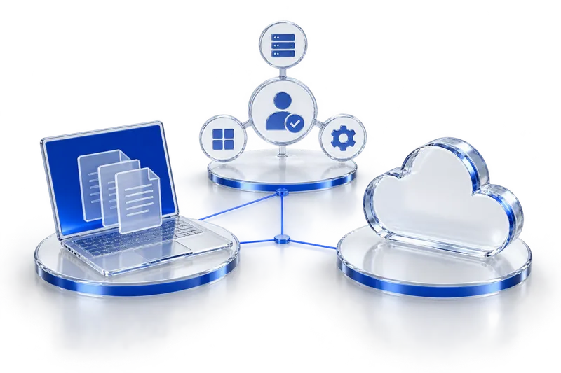 Connected glass illustration: digital workplace, cloud infrastructure and an AI workflow with human approval.